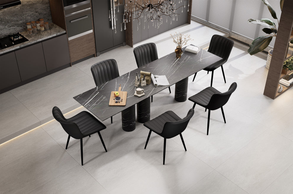 Younike Dining Chair Set of 2, Liner Pattern Faux Leather, Black
