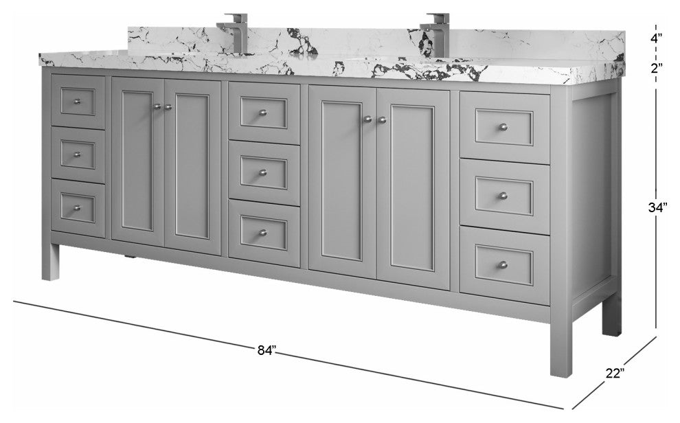 Nashville 84" Double Sink Bath Vanity, Black 2" White Quartz