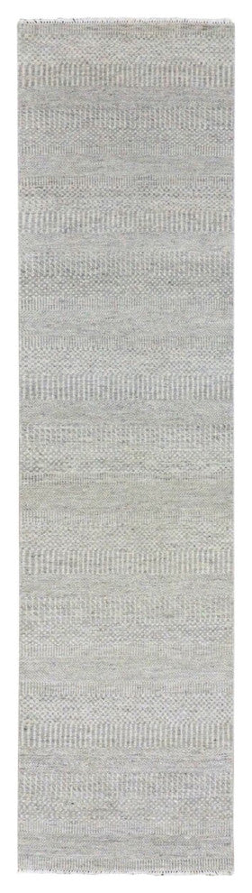 Gray Undyed Wool Hand Knotted Modern Grass Design Runner Rug 2'6"x10'2"
