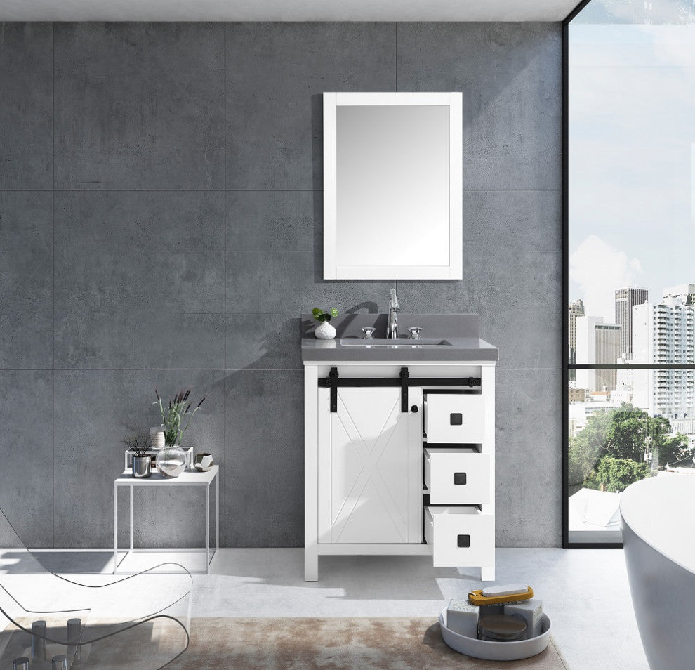 Marsyas Veluti 30" Single Vanity Cabinet Gray Quartz Top Sink, 28" Wall Mirror