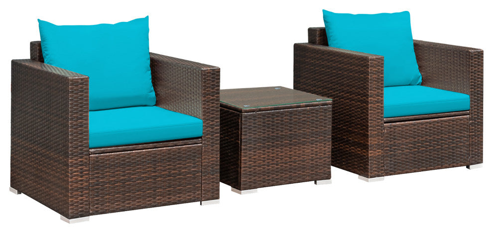 Costway 3PCS Patio Rattan Furniture Set Conversation Sofa Cushioned Turquoise