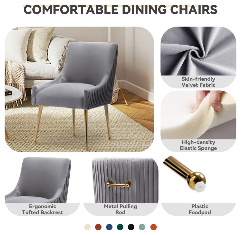 Glam Pleated Velvet Dining Chair Set of 2, Tufted Side Accent Kitchen Chair, Gray