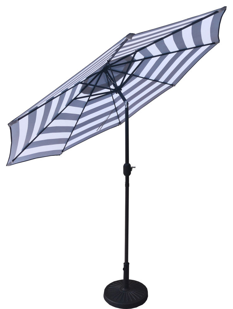 9' Black/White Stripe Tilt Market Umbrella With Stand/Base Set