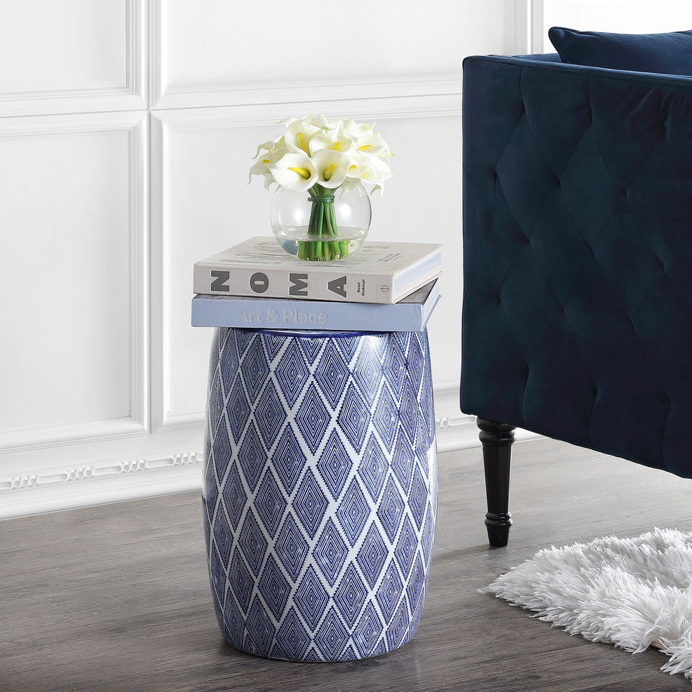 Moroccan Diamonds 18" Ceramic Drum Garden Stool, Blue and White