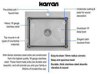 Karran Top Mount Stainless Steel 25" 16-Gauge Drop-In Single Bowl Sink Kit