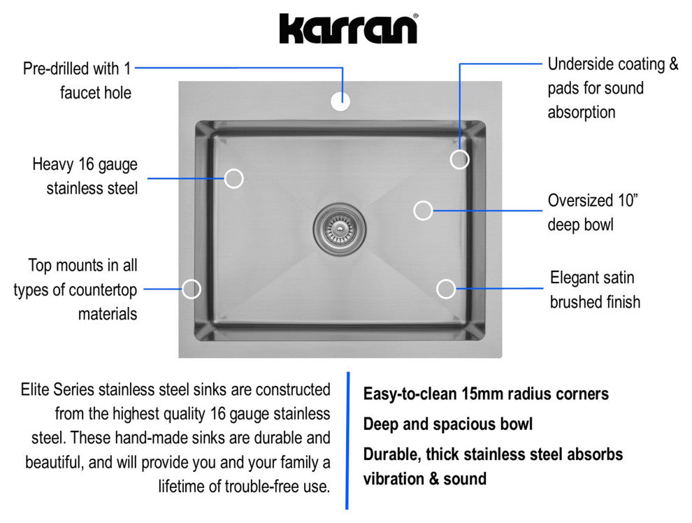 Karran Top Mount Stainless Steel 25" 16-Gauge Drop-In Single Bowl Sink Kit