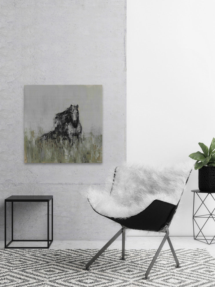"Dark Horse at the Meadow" Painting Print on Wrapped Canvas, 48"x48"