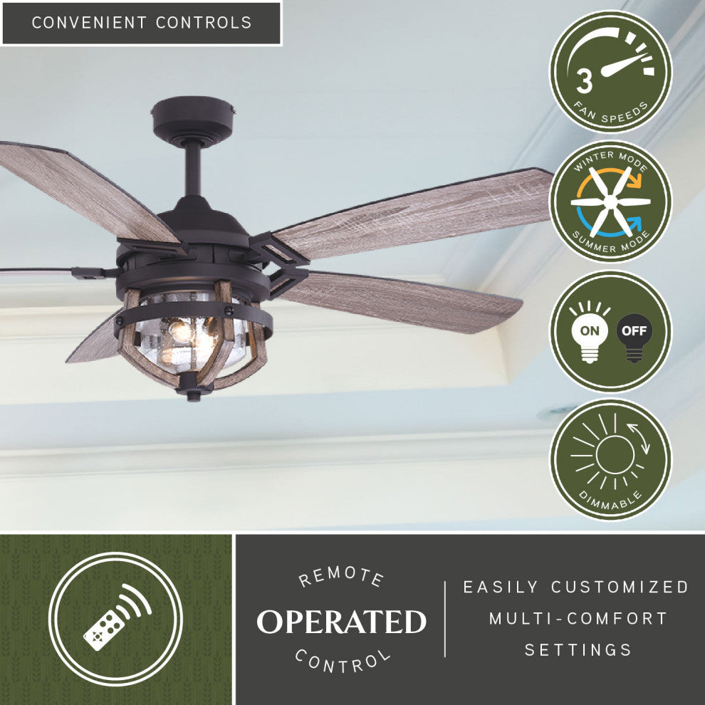 Barnes Matte Black Modern Farmhouse Indoor-Outdoor 54-in. Ceiling Fan Light Kit, Matte Black and Rustic Oak