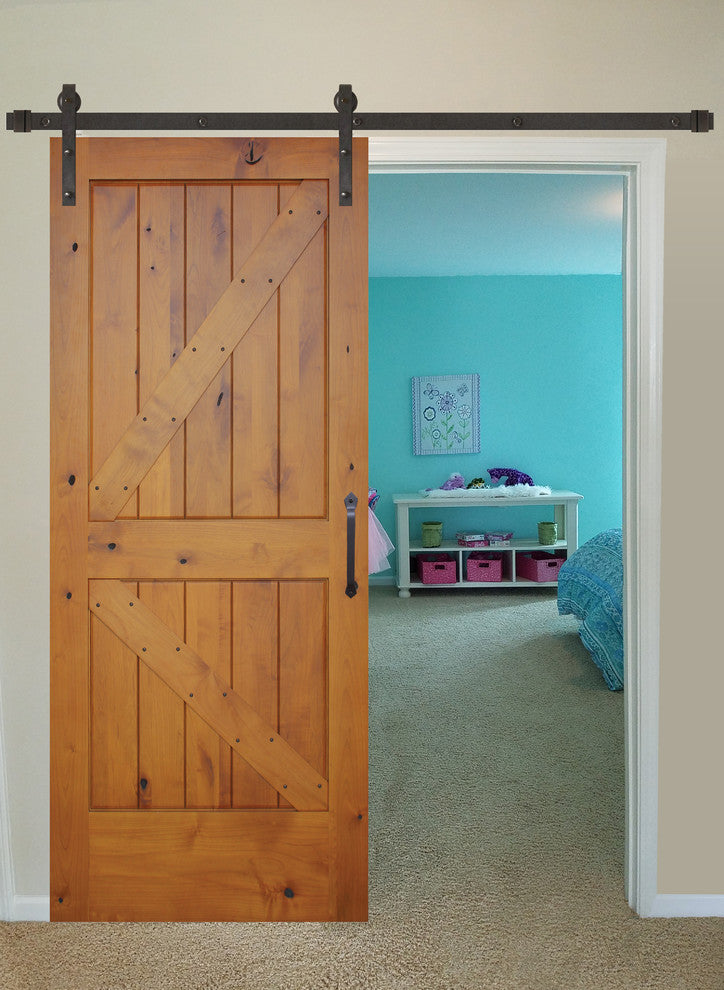 Prefinished Interior Knotty Alder K Panel V-Groove Barn Door, Bronze
