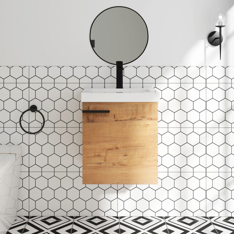 18 in. Wall-Mounted Small Bathroom Vanity With Ceramic Sink, Imitative Oak
