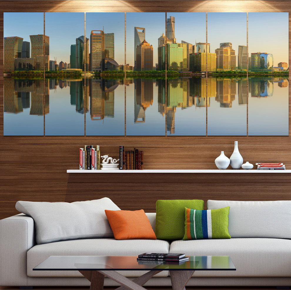 Shanghai Huangpu River at Sunset, Cityscape Canvas Art Print, 83"x32", 7 Panels