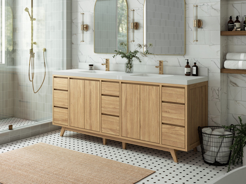 Madison Teak 84 Double Sink Bath Vanity in Light Natural 2" White Quartz