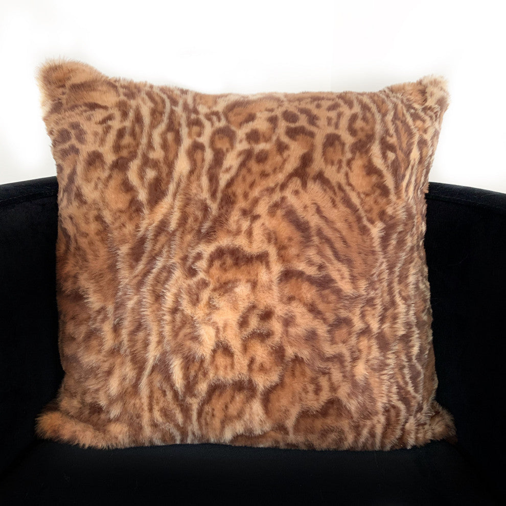 Plutus Brown, Beige Jungle Cat Animal Faux Fur Luxury Throw Pillow, 20"x30"