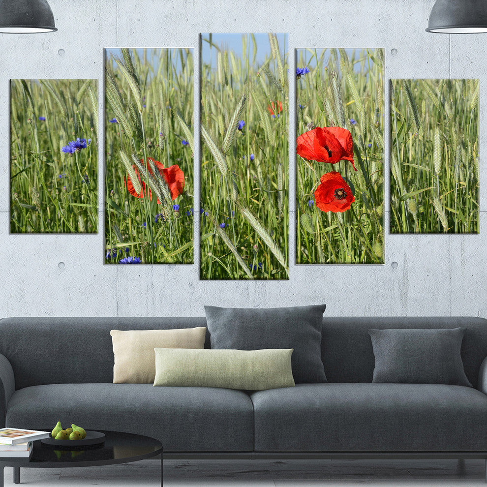Rural Landscape with Red Poppies, Large Landscape Canvas Art, 60"x32", 5 Panels