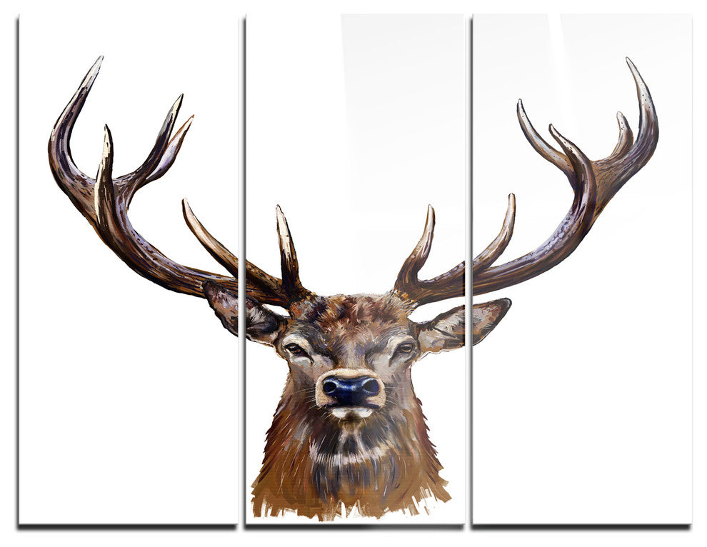 "Deer Head in Front Illustration" Glossy Metal Wall Art, 3 Panels, 36"x28"