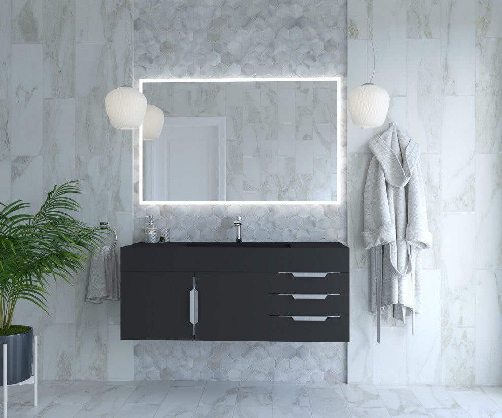 CastelloUSA Amazon 48" Wall Mounted Vanity Set, Black, Black Top, Brushed Nickel