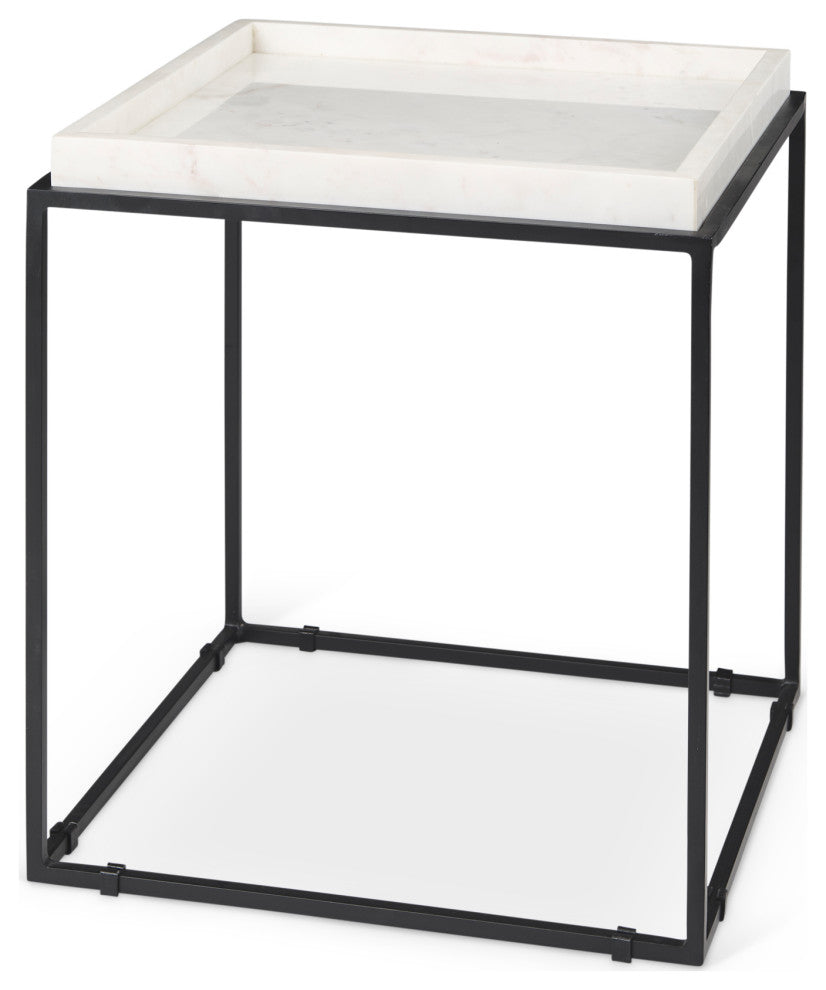Nathan II 18"x20" Square Top White Marble and Black Metal End/Side Table