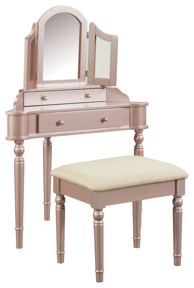 Benzara BM207322 Wooden Vanity Set with Padded Stool, Rose Gold