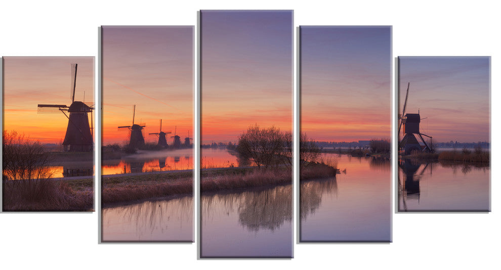 Dutch Windmills Panorama, Contemporary Canvas Wall Art, 60"x32", 5 Panels