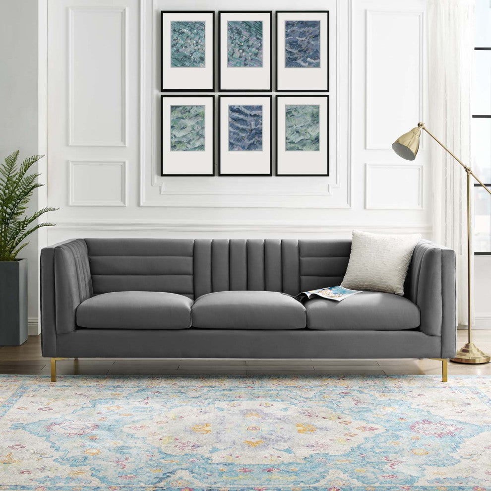 Modern Designer Lounge Lobby Sofa, Velvet Fabric Metal Steel, Grey Gray