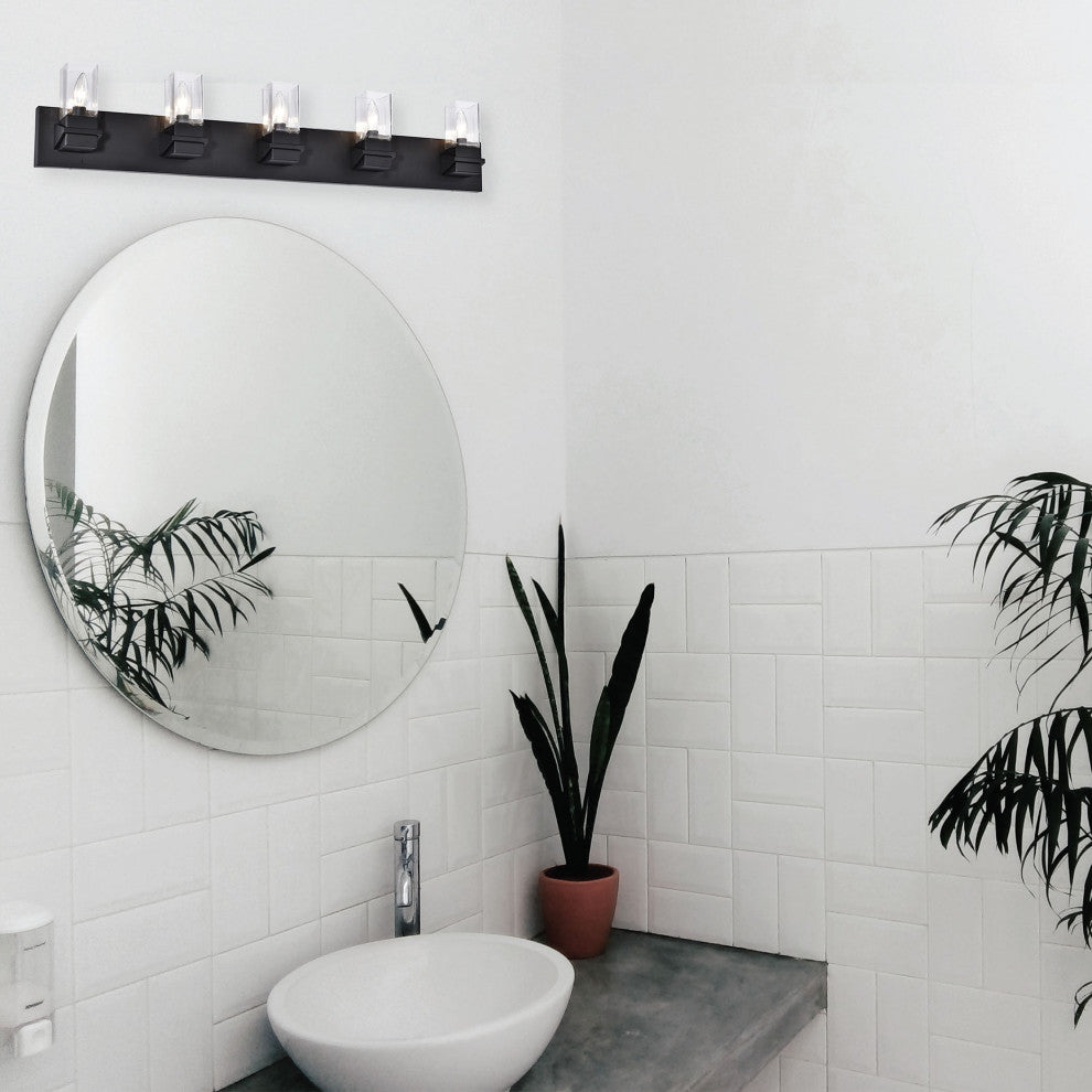 Veronica Contemporary 5 Light Matte Black Clear Metal Vanity