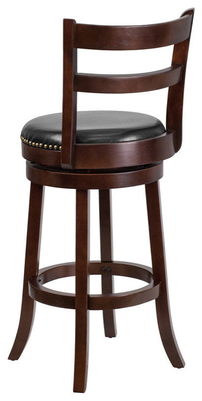 30" High Cappuccino Wood Barstool With Black Leather Swivel Seat