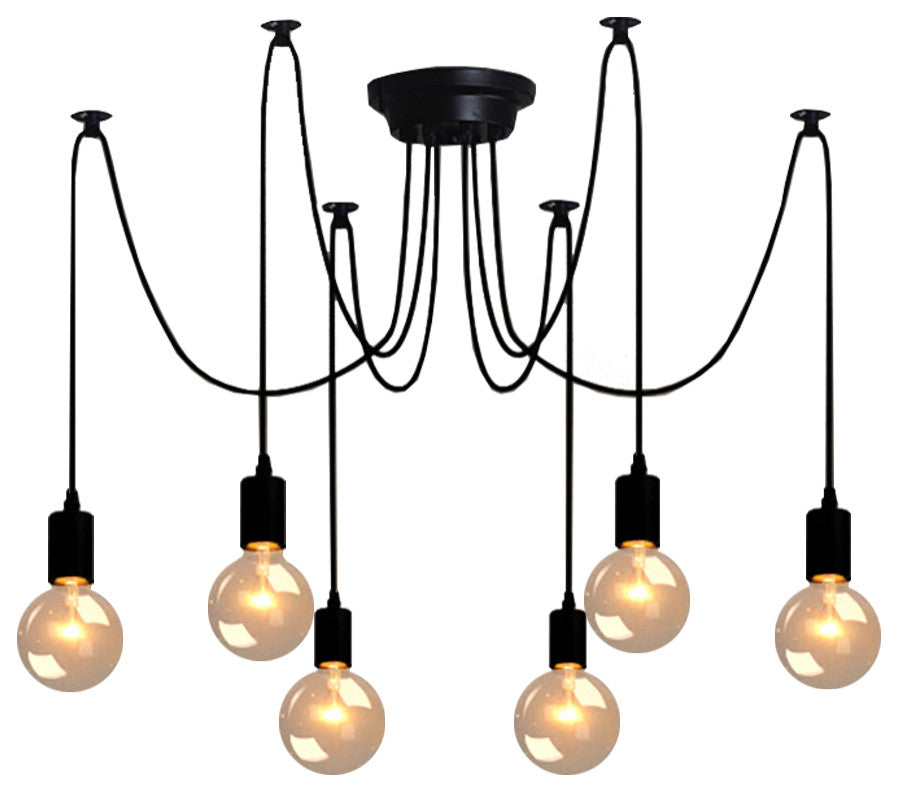 Black Industrial Edison Spider Chandelier Pendant Lights, Adjustable, 6 Lights