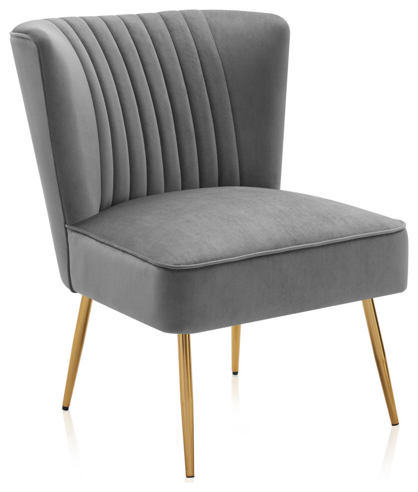Modern Velvet Accent Chair With Metallic Legs And Channel Tufting, Gray