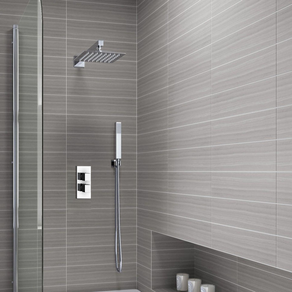 Reno Thermostatic Shower Set Ultra Thin Head, 12", Ceiling Mounted Shower Arm