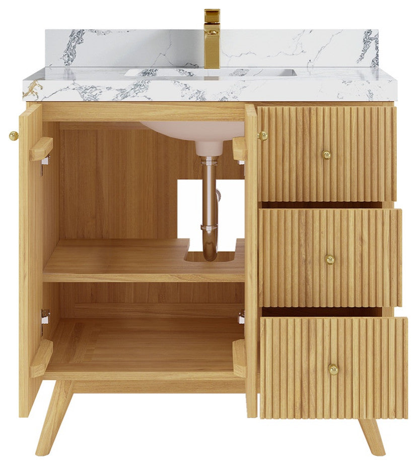 Pasadena 36" Center Sink Bath Vanity, Light Natural Teak 2" Calacatta Poanazzo
