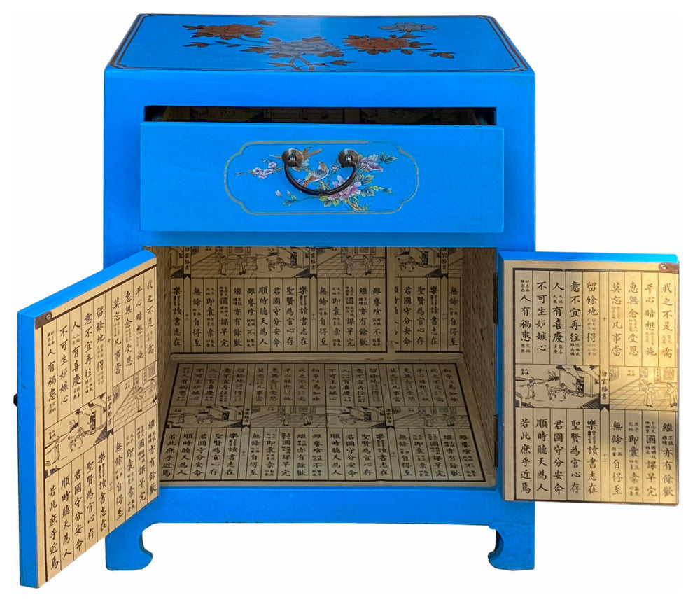 Chinese Bright Blue Vinyl Moon Face Flower Birds End Table Nightstand Hcs7131