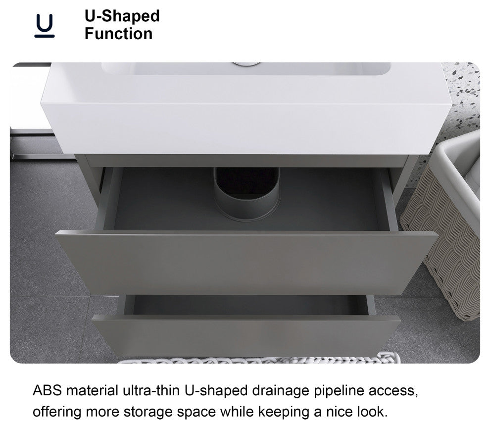 Wood Wall-Mounted Bathroom Vanity Set with Integrated Resin Sink, Grey, 24"