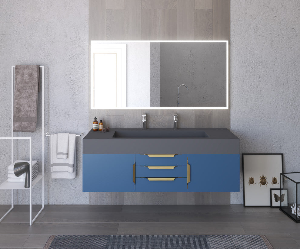 CastelloUSA Nile 60" Wall Mounted Vanity Set, Blue, Gray Top, Gold Handles