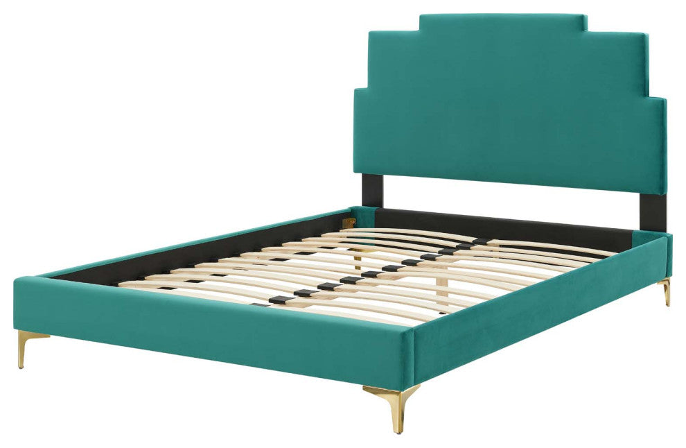 Platform Bed Frame, Queen Size, Velvet, Teal Blue, Modern Contemporary, Bedroom
