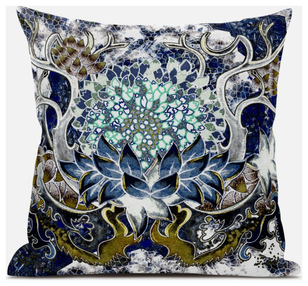 20" Blue White Flower Bloom Suede Throw Pillow