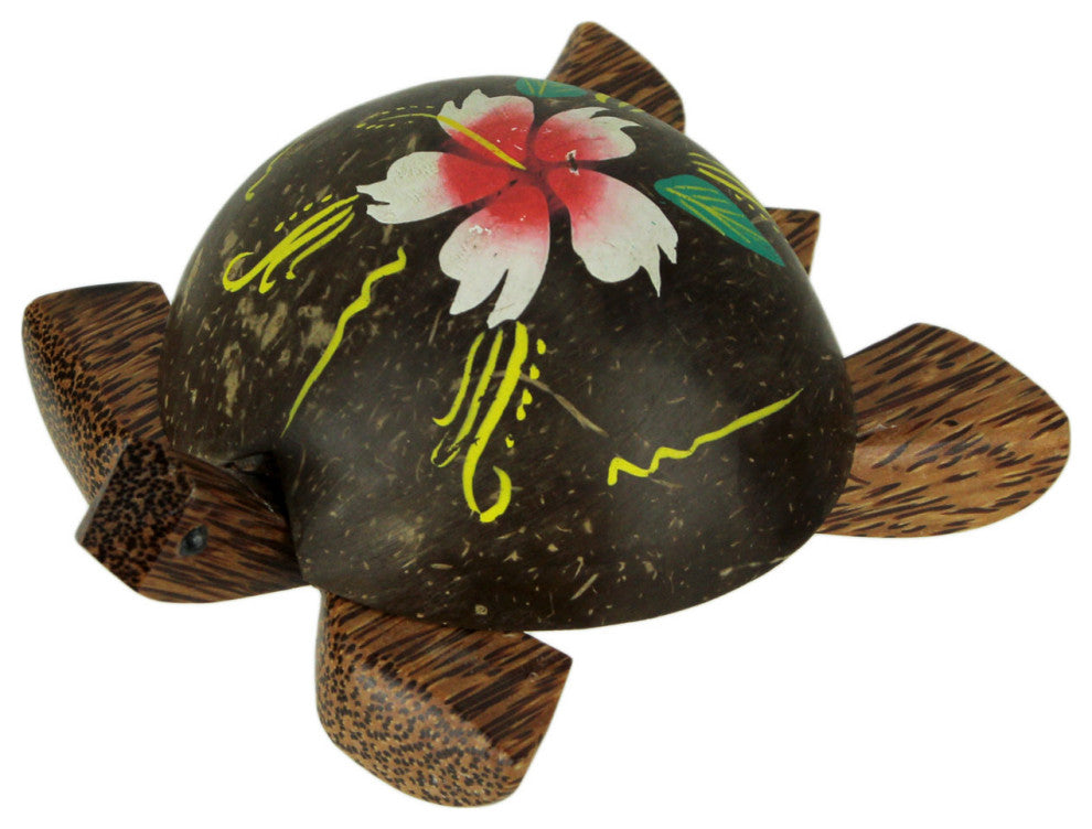 Carved Turtle Trinket Box With Hand Painted Coconut Shell Lid