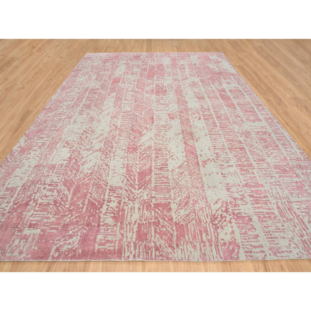 Rose Pink All Over Design Wool and Art Silk Jacquard Hand Loomed Rug, 10'x14'