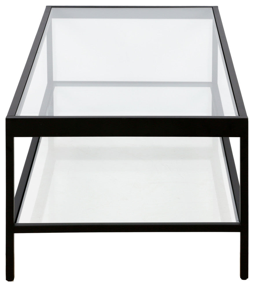 54" Clear And Black Glass And Steel Coffee Table With Shelf