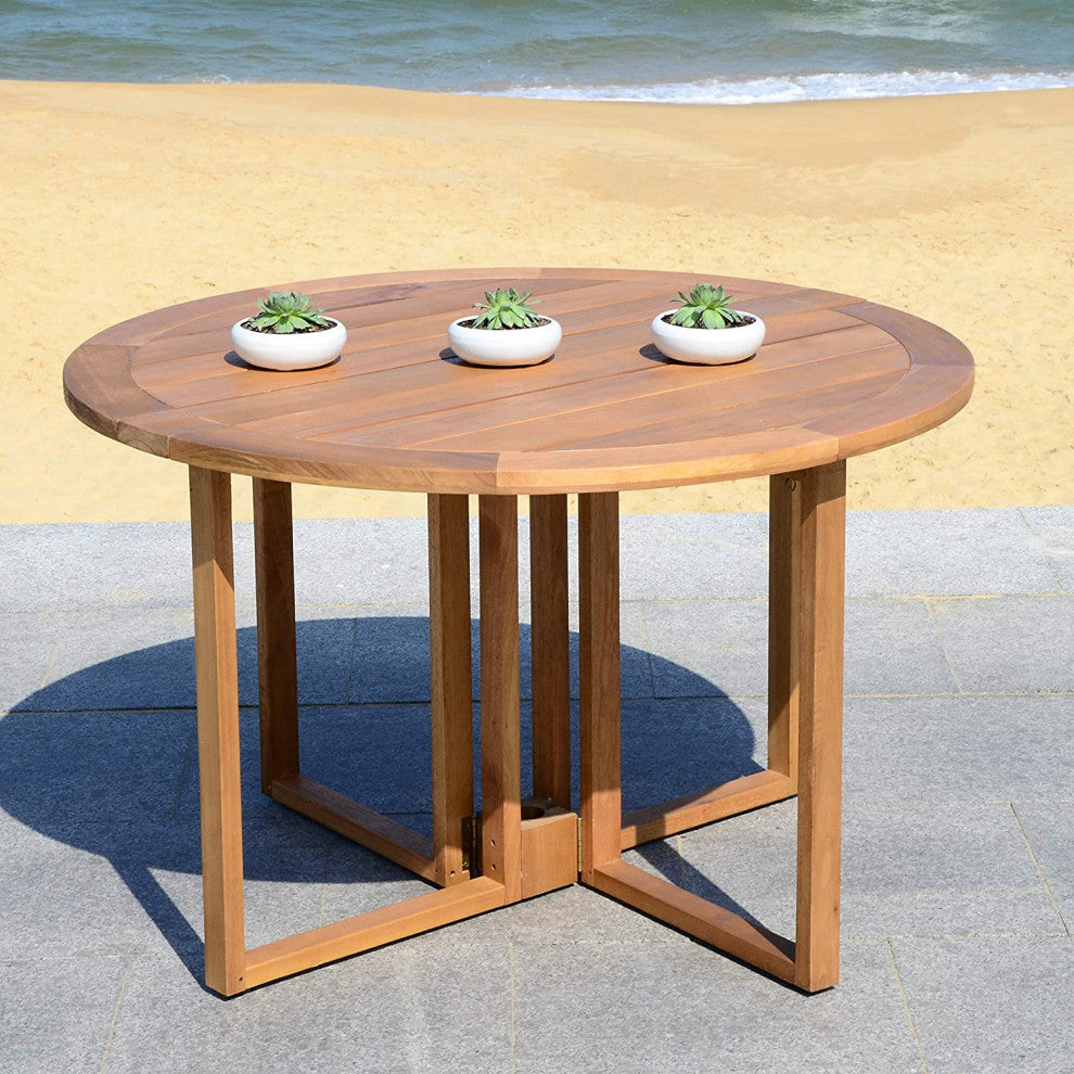 Outdoor Folding Dining Table, Round Eucalyptus Wood Top, Teak Color