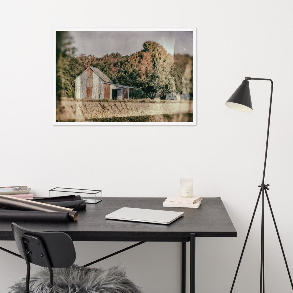 Patriotic Weathered Barn in Field Glass Plate Framed Photo Paper Wall Art Prints, White, 24" X 36"