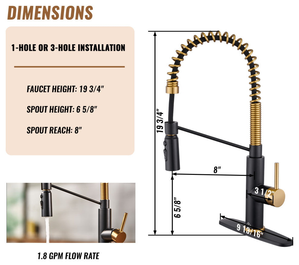 Kitchen Sink Faucet 1.8 GPM with Pull Down and 3 Models Sprayer Single Handle, Matte Black+brushed Gold