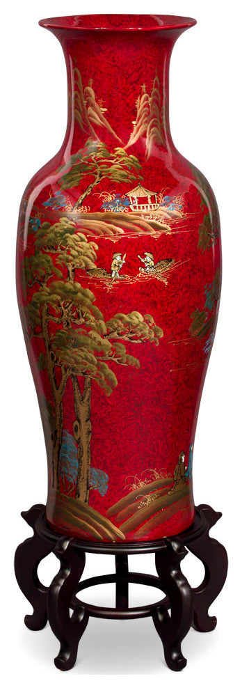 36in Red Lacquer Chinoiserie Scenery Motif Chinese Porcelain Vase