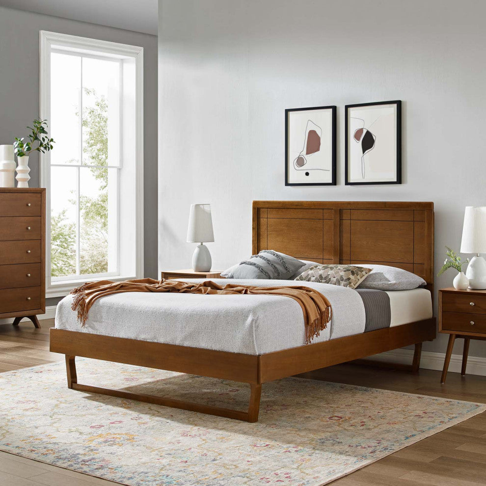 Platform Bed Frame, King Size, Wood, Brown Walnut, Modern Mid-Century, Bedroom