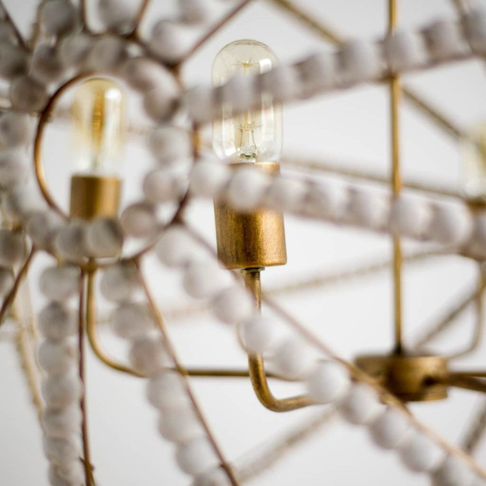 Ava White Beaded Wood With Gold Metal Frame Six Bulb Chandelier