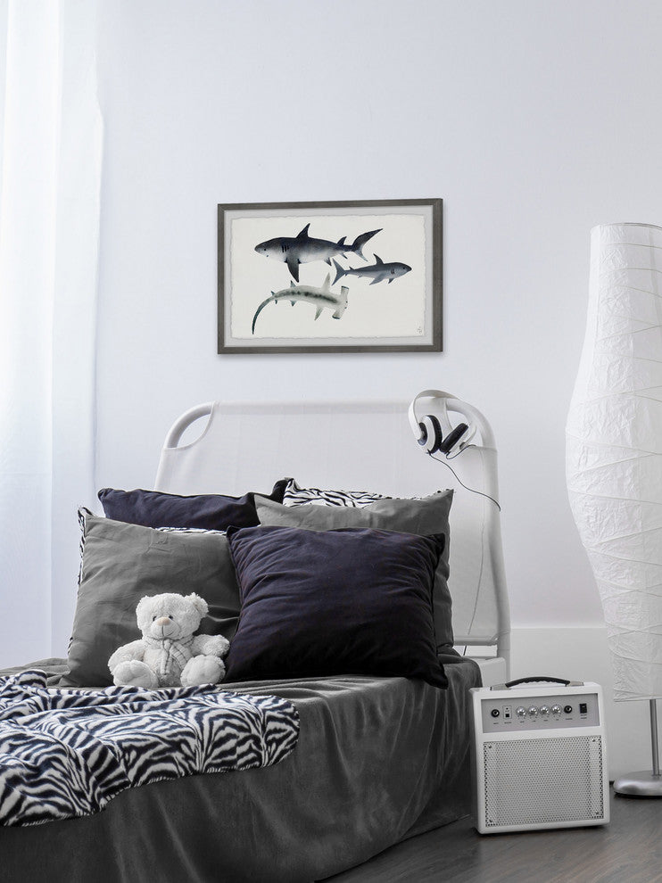 "Gray Sharks" Framed Painting Print, 12"x8"