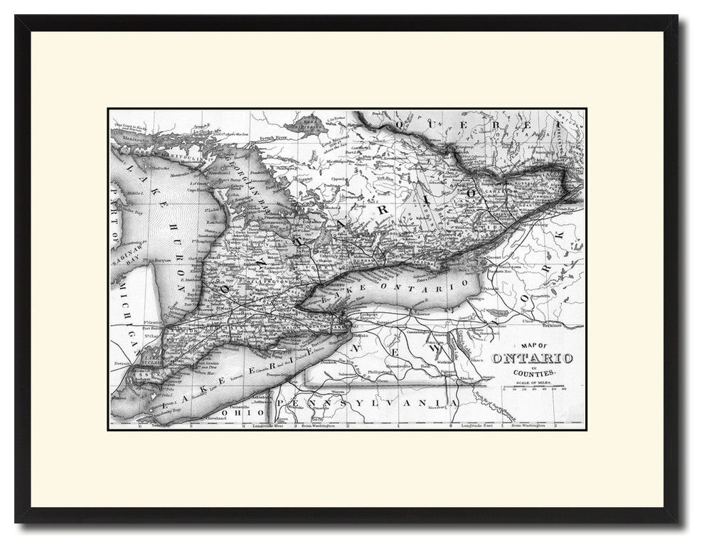 Ontario, Canada Vintage Map Print On Canvas With Black Custom Frame, 16" X 21"