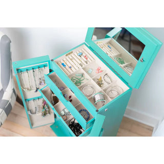 Locking Jewelry Armoire with French Doors Mirror and Seven Storage Drawers, Blue