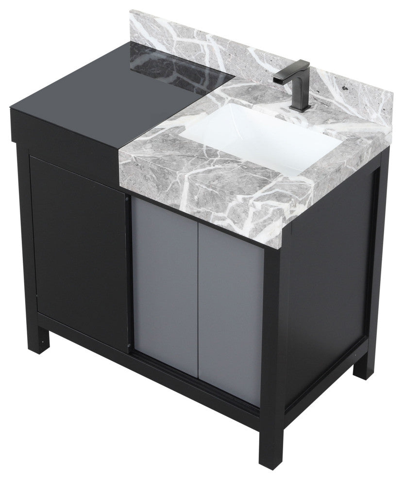 Zilara 36 Black, Grey Vanity, Grey Marble Top, Square Sink, Gun Metal Faucet Set