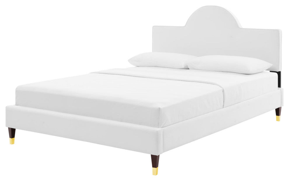 Platform Bed Frame, King Size, White, Velvet, Modern, Bedroom Guest Suite