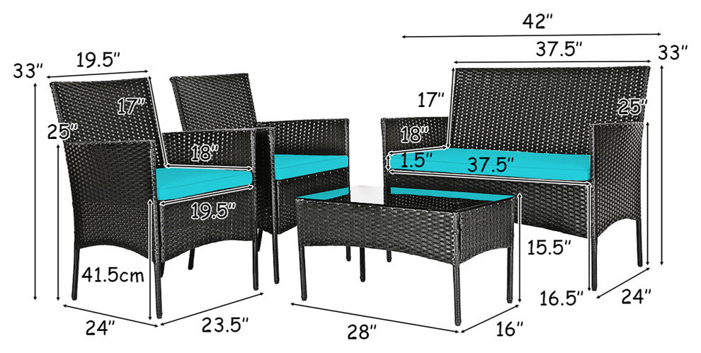 Costway 4PCS Patio Rattan Furniture Set Cushioned Sofa Coffee Table Turquoise